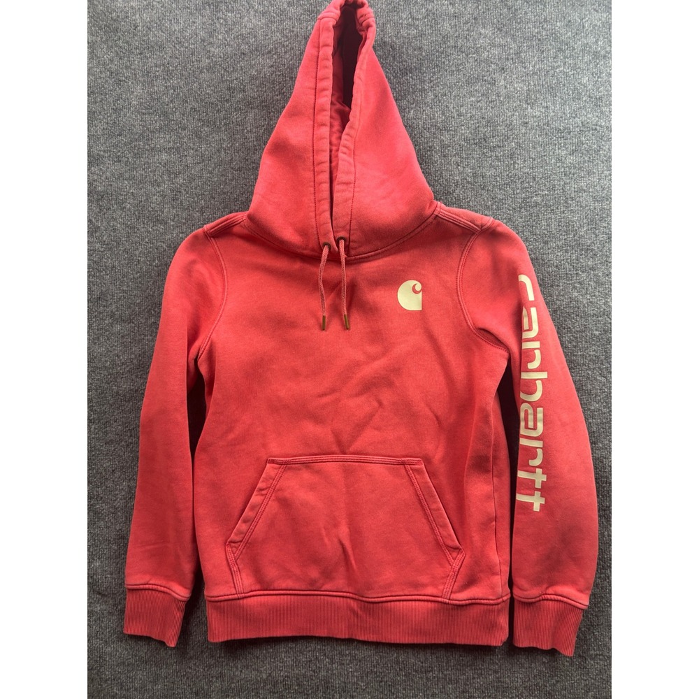Carhartt Hoodie Womens S Pink Relaxed Fit Logo Sleeve Graphic Sweatshirt